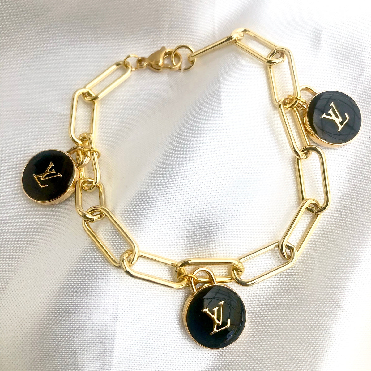 Auth Louis Vuitton Charm Bracelet Triple Chain Monogram Flower